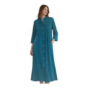 Kayser Vintage Housecoat Robe Velour Teal Green Smocked Pearl Snap Front Maxi S